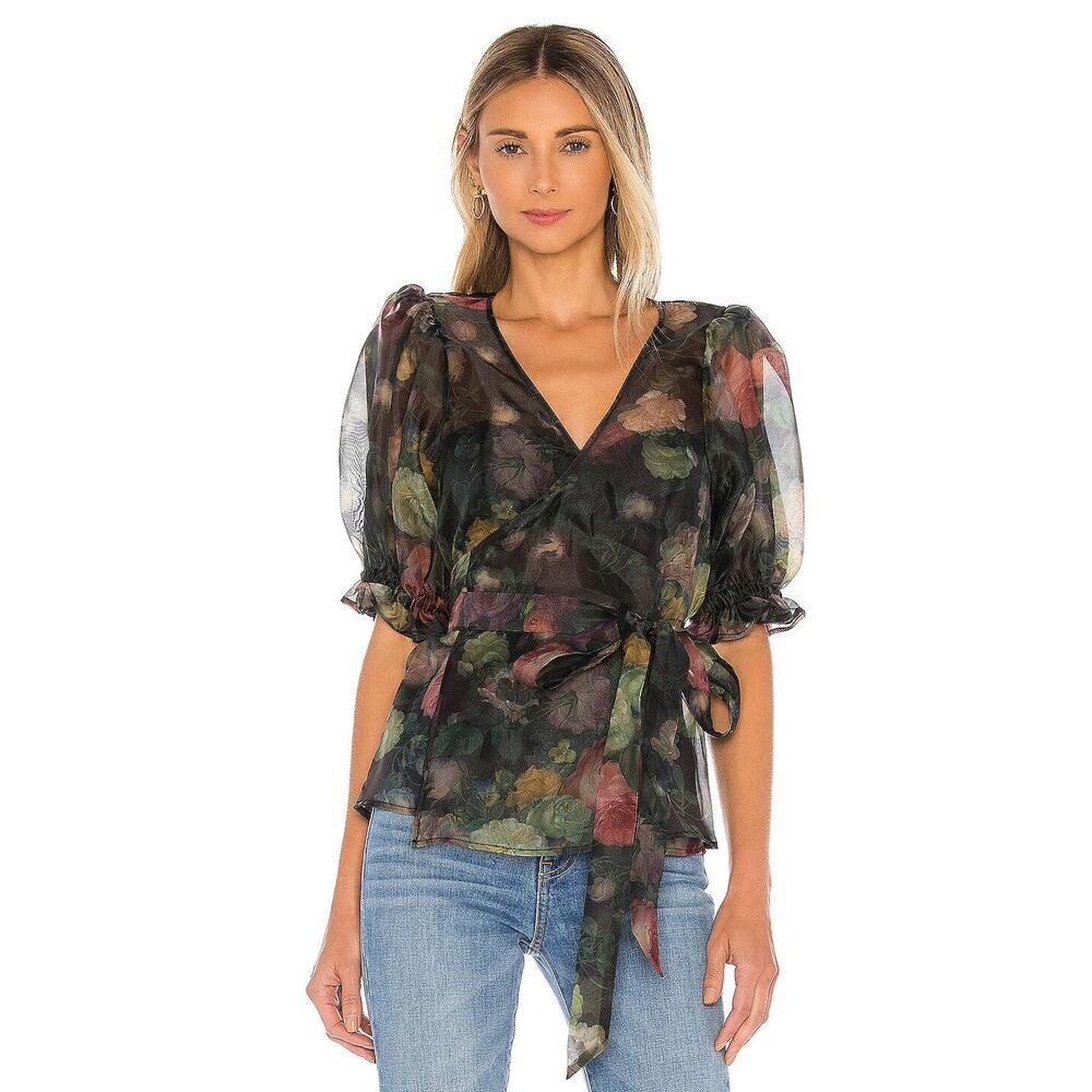 NEW Selkie Feminine Cloud 9 Blue and Pink Champagne Mod Print Wrap Top - Picture 8 of 11